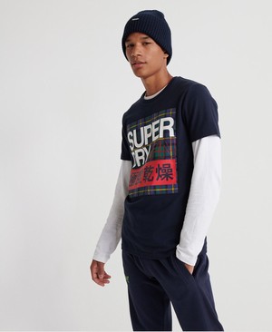 Superdry Crafted Check Férfi Pólók Sötétkék | OPCWA8701